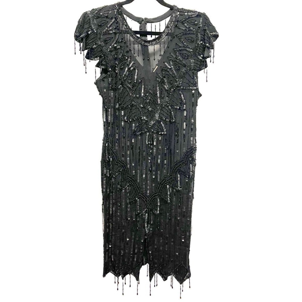 Vintage Laurence Kazar Black Silk Beaded Sequin Dress XL 80s 90s Art Deco Fringe